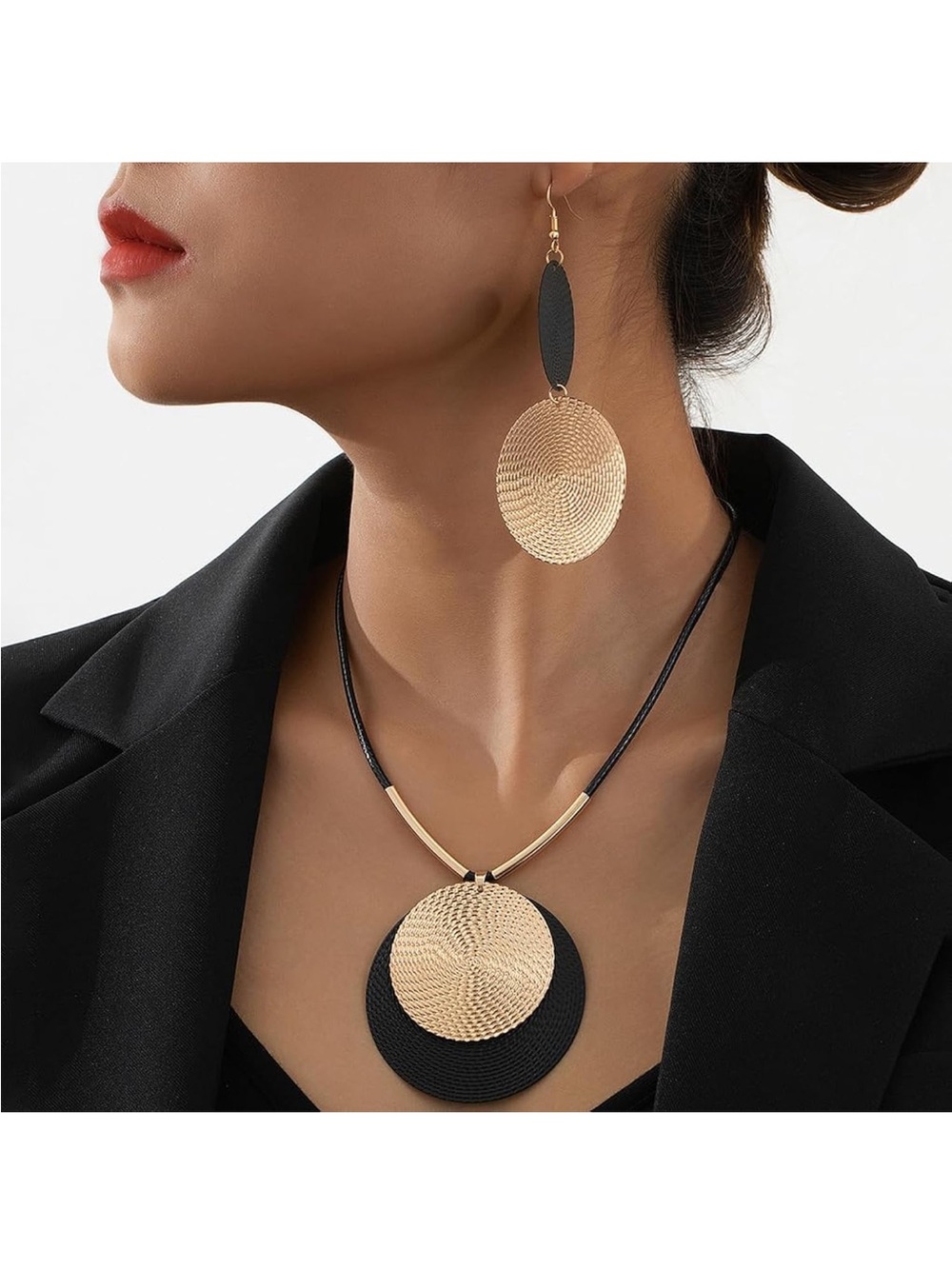 Gold and Black Disc Pendant Necklace and Earring Set